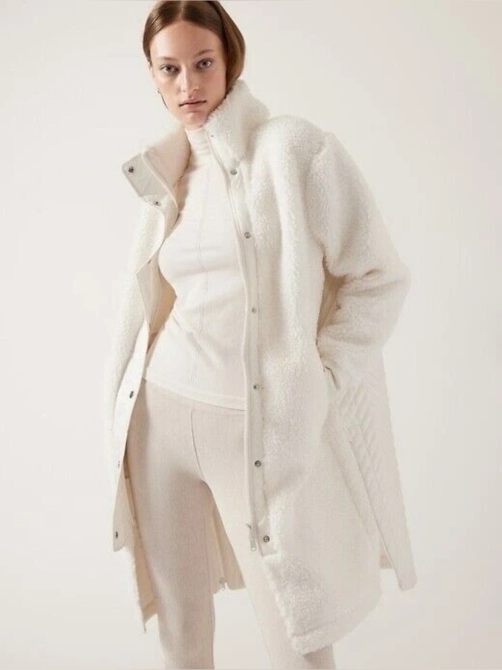 Athleta Sherpa Teddy Fleece Quilted Long Coat Ivory Cream Medium